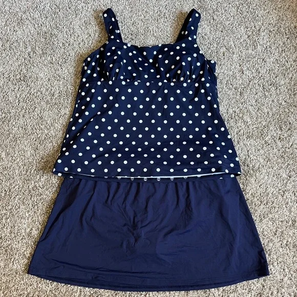 Lands' End Swimsuit Navy Blue White Polka Dot Tankini Top 18D and Skirt 18 - Picture 1 of 9